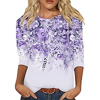 Workout Tops for Women,3/4 Length Sleeve Womens Tops Round Neck Vintage Print Graphic Shirt Plus Size Tops for Women