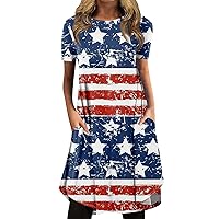 Women's 4Th of July Dresses Fashion Casual Printed Round Neck Pullover Loose Short Sleeve Dress Dress, S-3XL