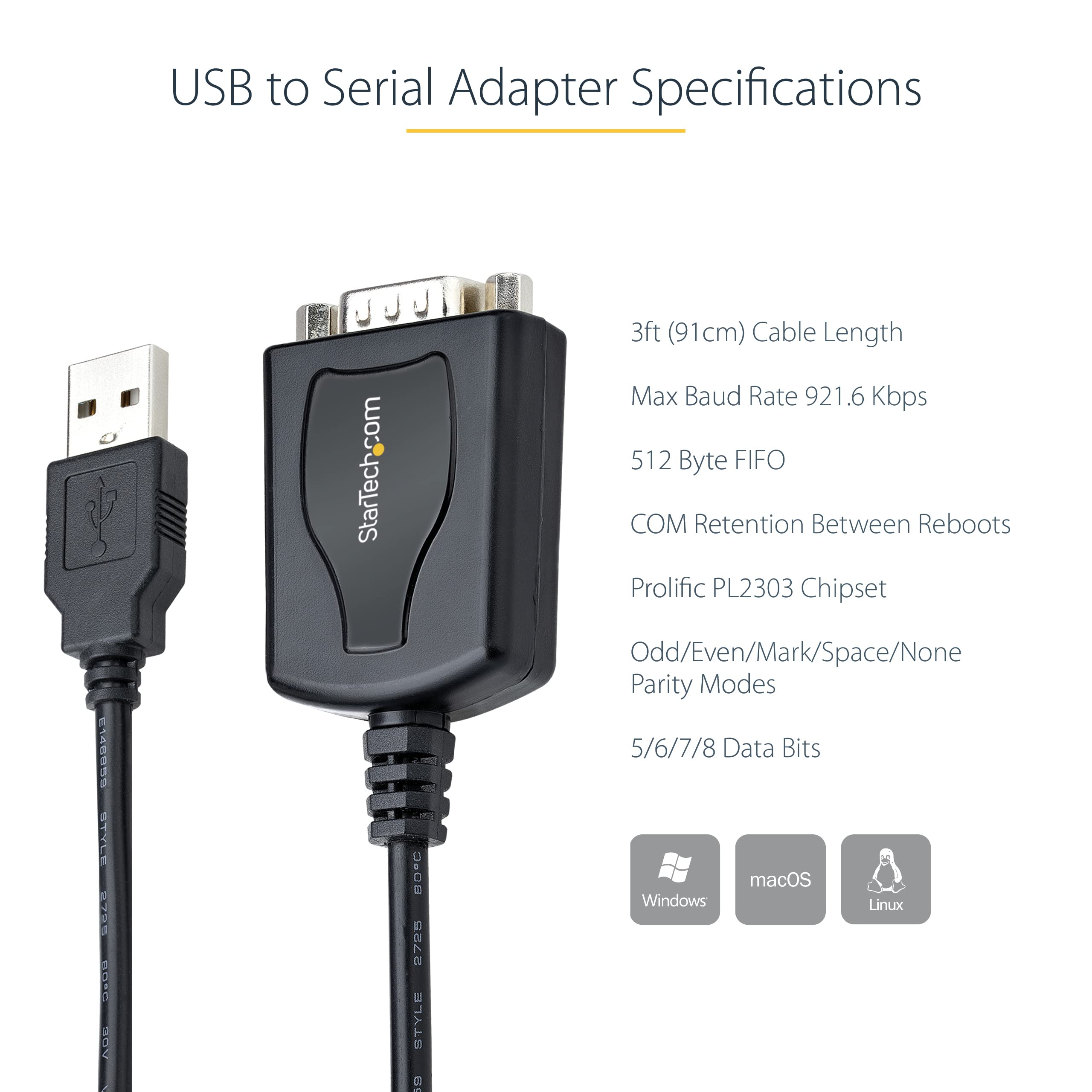 StarTech.com 3ft (1m) USB to Serial Cable with COM Port Retention, DB9 Male RS232 to USB Converter, USB to Serial Adapter for PLC/Printer/Scanner, Prolific Chipset, Windows/Mac (1P3FPC-USB-SERIAL)