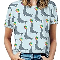 Seal Animal with Ball Women's Print Shirt Summer Tops Short Sleeve Crewneck Graphic T-Shirt Blouses Tunic
