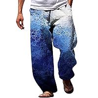 Mens Printed Summer Linen Pants Drawstring Wide Straight Leg Casual Pants Elastic Waist Beach Yoga Hawaiian Pants