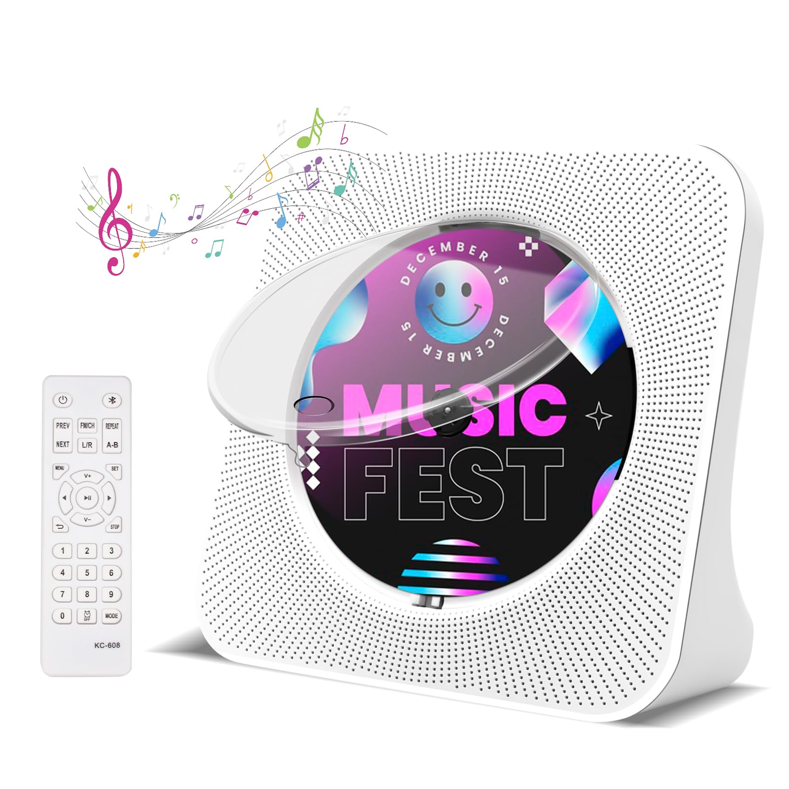 Desktop CD Player Portable with Bluetooth - Jimwey CD Player for Home with HiFi Speakers, FM Radio, Remote Control, LED Screen Display, Support CD/Bluetooth/USB/AUX, White CD Player for Gift