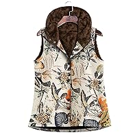 Flygo Women's Hooded Fleece Lined Sherpa Vest Button Down Floral Printed With Pockets