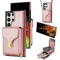 ZIFENGX- Case for Samsung Galaxy S23 Ultra/S23 Plus/S23, PU Leather Protective Case with Long Shoulder Strap Zipper Purse Card Holder Kickstand Cover for Women Girl (S23 Ultra,Pink)
