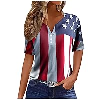 American Flag T Shirts for Women Tops 4th of July Outfit Independence Day Tee V Neck Buttons Graphic Short Sleeve Casual Tops