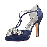 Emily Bridal 521-60D 521-60D Women's Wedding Shoes T-Strap 3.94 Inches Stiletto Heel Satin Planform Pumps with Buckle Rhinestone Bridal Shoes