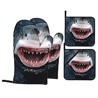 Shark with Open Mouth Printed Oven Mitts and Pot Holders 4 Pcs Kitchen Gloves Potholders Farmhouse Oven Mitt Set for Cooking Baking Grilling