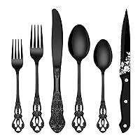 EUIRIO 48 Pieces Retro Royal Silverware Set for 8, Gorgeous Black Flatware Set with Steak Knives, Premium Stainless Steel Vintage Cutlery Set with Forks Spoons and Knives, Dishwasher Safe
