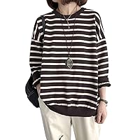 Flygo Women's Casual Loose Striped Crewneck Long Sleeve Pullovers Sweaters
