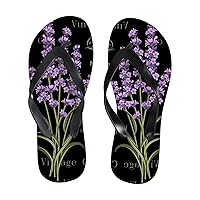 Vantaso Slim Flip Flops for Women Floral Lavenders on Black Yoga Mat Thong Sandals Casual Slippers