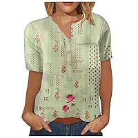 Women's 2023 Summer Casual Comfy Blouse Tops Retro Floral Print Single Breasted Short Sleeved Shirt with Pockets