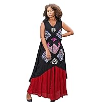 Handmade Tribal Boho Maxi Dress with Pockets for Women Made from Premium Cotton Linen Blend in Black Bedecked with Antique Embroidery One Piece Only 113