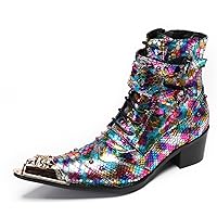 Cowboy Boots for Men Party Dress Casual Leather Chelsea Boots Metal Pointde Toe Colorful Lace Top Chelase Boots Mens Fashion Ankle Western Boots