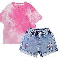 Peacolate Summer 3-7Years Little Girls 2cps Clothing Set Short Sleeves T Shirt and Embroidered Denim Shorts