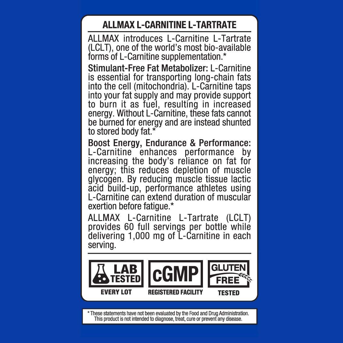 ALLMAX Essentials L-CARNITINE TARTRATE - 120 Capsules - Stimulant-Free Metabolizer - Boosts Energy, Performance & Recovery - Gluten Free & Vegetarian - 60 Servings