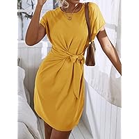 Summer Dresses for Women 2022 Knot Side Solid Batwing Sleeve Dress (Color : Yellow, Size : L)