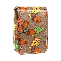 Portable Makeup Lipstick Case for Traveling, Autumn Maple Leaf Acorn Nut Mini Lipstick Storage Box with Mirror for Women Ladies, Leather Cosmetic Pouch