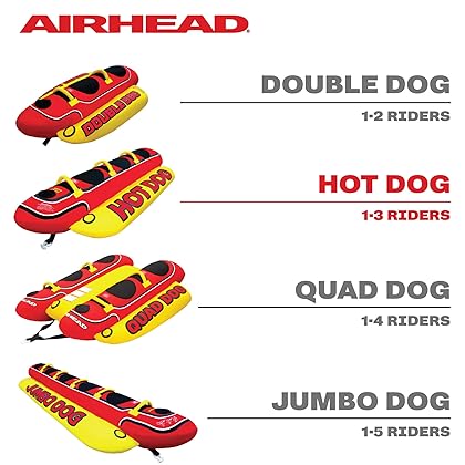 Airhead Hot Dog Towable | 1-3 Rider Tube for Boating and Water Sports, Neoprene Seat Pads, Double-Stitched Full Nylon Cover, and Boston Valve for Convenient Inflating & Deflating