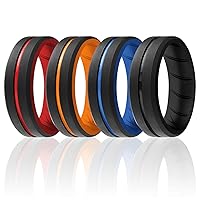 ROQ Silicone Rubber Wedding Ring for Men, Men's Wedding Band, Breathable Rubber Engagement Band, 8mm Wide 2mm Thick, Engraved Duo Middle Line, 4 Pack, Black, Red, Orange, Light Blue, Size 10