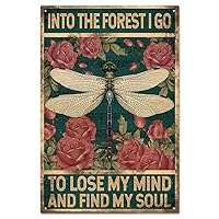 GLOBLELAND Vintage Dragonfly Metal Tin Sign Into The Forest I Go to Lose My Mind and Find My Soul Rectangle Dragonfly Flower Iron Wall Decor for Bars Cafe Pubs Garage 11.8x7.8inch