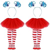 2 Set Kids World Book Day Thing Costume Include 5-layered Tutu Skirts Ponytail Headbands and Striped Knee Socks