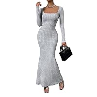 GORGLITTER Women's Square Neck Bodycon Maxi Dress Long Sleeve Rib Knit Mermaid Dress