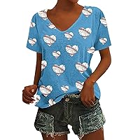 Funny Graphics Baseball Top for Women Cute Heart Baseball Lightweight V-Neck Short Sleeve T-Shirt Workout Casual Tees