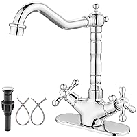 Aolemi Polish Chrome Tall Vessel Sink Faucet with Double Cross Handles Deck Mount Bathroom Lavatory Vanity Basin Single Hole Mixer Tap with Vintage Swivel Spout Cover Plate Pop Up Drain