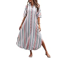 Womens Summer Dresses Striped Print Button Front Shirt Long Dress Without Belt
