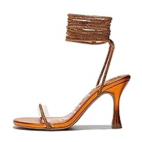 Cape Robbin Lurex Lace-up Mid Strappy Stiletto Heels for Women - Fashion Stylish Heeled Sandals with Rhinestone-Embellished Lace