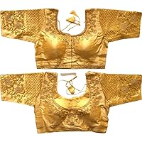 Phantom Silk Golden Zari Embroided Thread Heavy Handwork Saree Sari Blouse Half Sleeve Readymade for Women