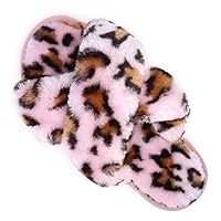 ISZPLUSH Womens House Fuzzy Slippers Leopard Cross Band Soft Plush Fluffy Slippers Furry Fleece Slip on Slippers Open Toe House Warm Bedroom Shoes Slides