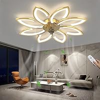 WERSVG Ceiling Fan with Lighting Quiet 90 W Modern LED Living Room Fan Ceiling Light Dimmable Gold 8 Bulbs Flower Shape Design Lamp with Remote Control Dining Room Bedroom Fan Light 90 cm