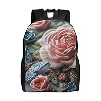 Embroidered Roses Print Backpack for Women Men Lightweight Laptop Backpacks Travel Laptop Bag Casual Daypack