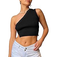 SAFRISIOR Women One Shoulder Backless Knitted Crop Top Sexy Sleeveless Strappy Open Back Cami Tank Tops