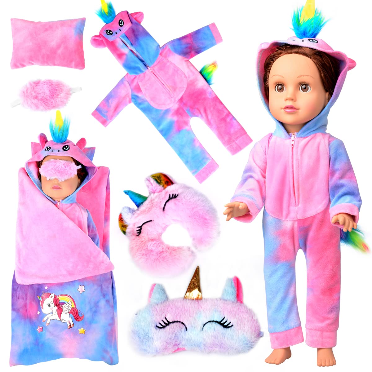 sarannie American 18 Inch Girl Doll Clothes and Doll Sleeping Bag Set - Unicorn Doll Costume with Pillow, Eye Mask Slumber Party Doll Accessories for 18 inch Girl Doll/16-18 inch Baby Dolls