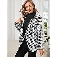Coat for Women - Houndstooth Print Contrast Binding Tweed Overcoat (Color : Black and White, Size : X-Large)