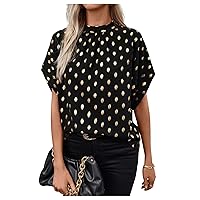 SOLY HUX Women's Polka Dots Print Blouse Mock Neck Tie Back Short Sleeve Casual Tops