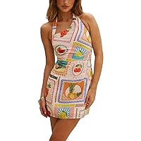 Women Y2K Cute Mini Dress Fruit Print Spaghetti Strap Short Dress Graffiti Cami Dress Sleeveelss Backless Bodycon Sun Dress