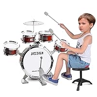 TWFRIC Kids Drum Set 9 Piece Toddler Drum Kit Musical Instruments Kids Jazz Drum Kit with Stool, Bass Drum, Cymbal, 2 Drum Sticks and 4 Small Drums Toys for 3 4 5 Year Old Boys Girls Gifts (Red)
