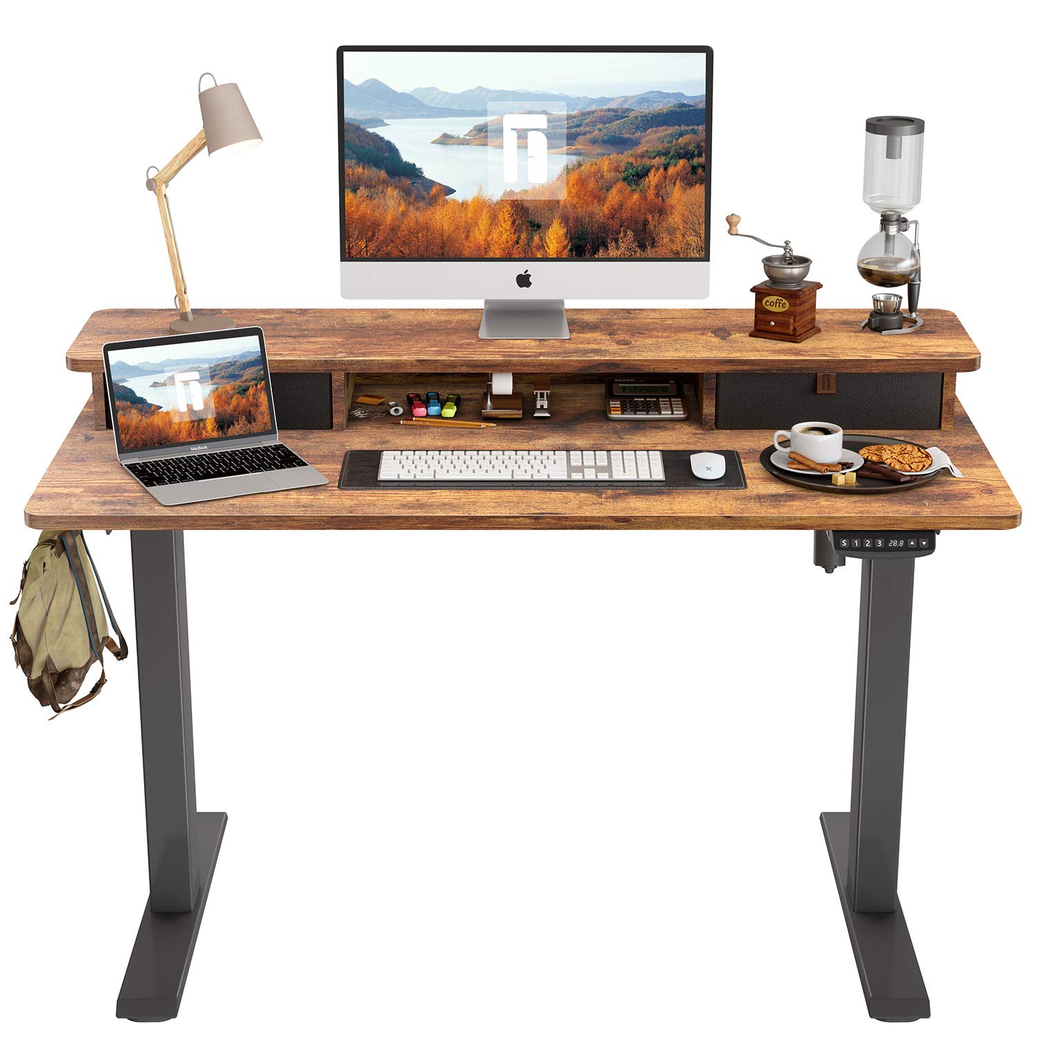 Mua Fezibo Height Adjustable Electric Standing Desk With Double Drawer, 48  X 24 Inch Table With Storage Shelf, Sit Stand Desk With Splice Board, Black  Frame/Rustic Brown Top, 48 Inch Trên Amazon