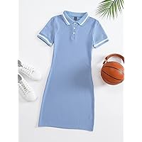 Summer Dresses for Women 2022 Polo Collar Rib-Knit Dress Dresses for Women (Color : Blue, Size : X-Small)