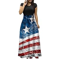 4th of July Dress for Women American Flag Print Elegant A Line with Short Sleeve Round Neck Tunic Maxi Dresses