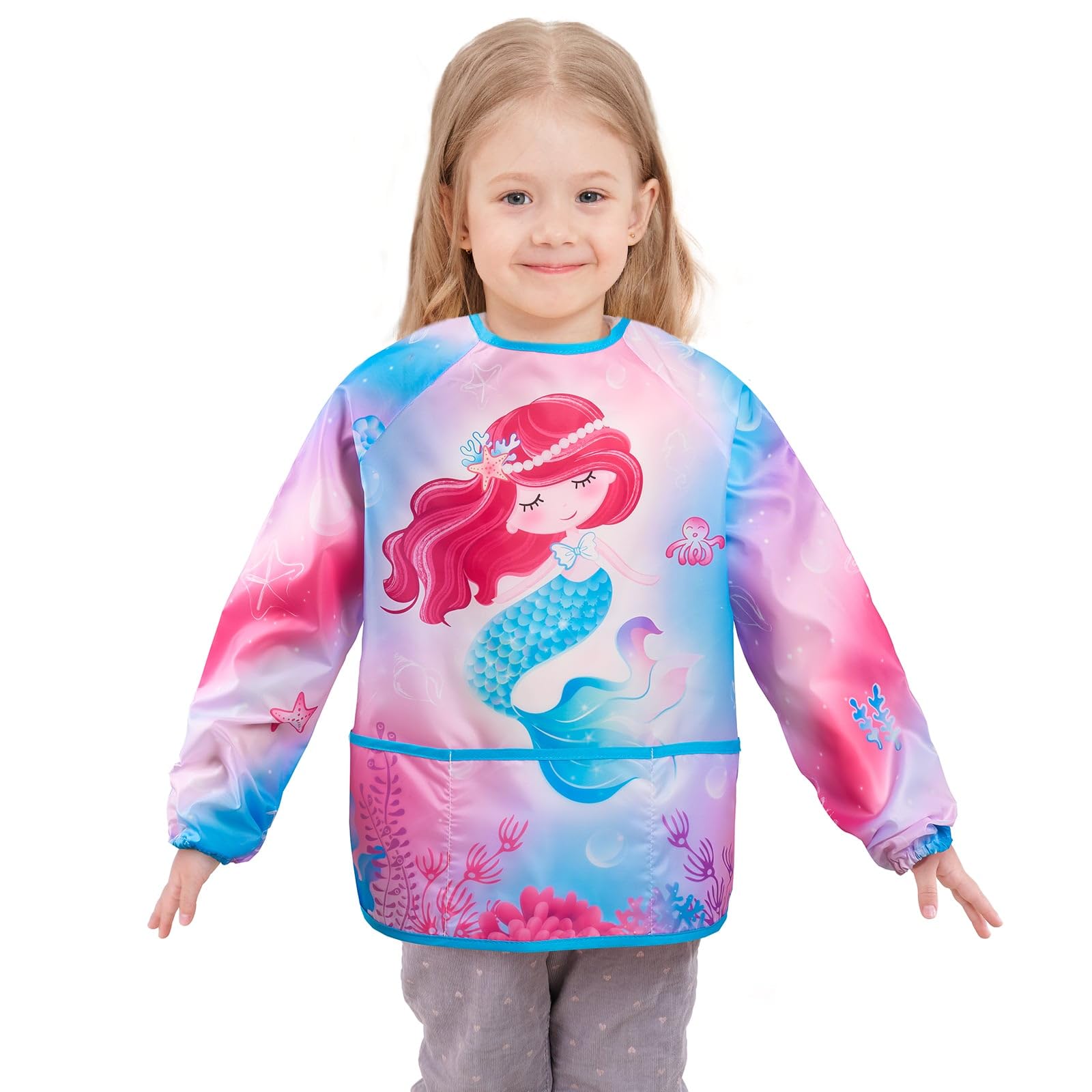 WERNNSAI Art Smock - Kids Aprons for Girls Waterproof Toddler Art Smock Painting for Girls with Long Sleeve and 3 Pockets