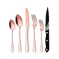 EUIRIO 24 Pieces Copper Silverware Set with Steak Knives, Rose Gold Silverware Flatware Set for 4, Stainless Steel Spoons Forks Knives Set, Mirror Cutlery with Unique Floral Laser, Dishwasher Safe