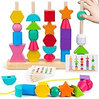 Montessori Wooden Beads Sequencing Toy Set, Stacking Blocks & Lacing Beads & Matching Shape Stacker for 2 3 4 5 Year Old STEM Preschool Learning Montessori Toys Gifts for Kids Boy Girl Toddler