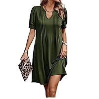 Dresses for Women Press Crease Detail Puff Sleeve Dress (Color : Army Green, Size : Large)