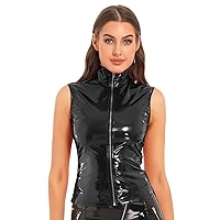 YiZYiF Womens Patent Leather U Neck Wetlook Slim Tank Latex Top Sleeveless Zipper Vest Tee Tops