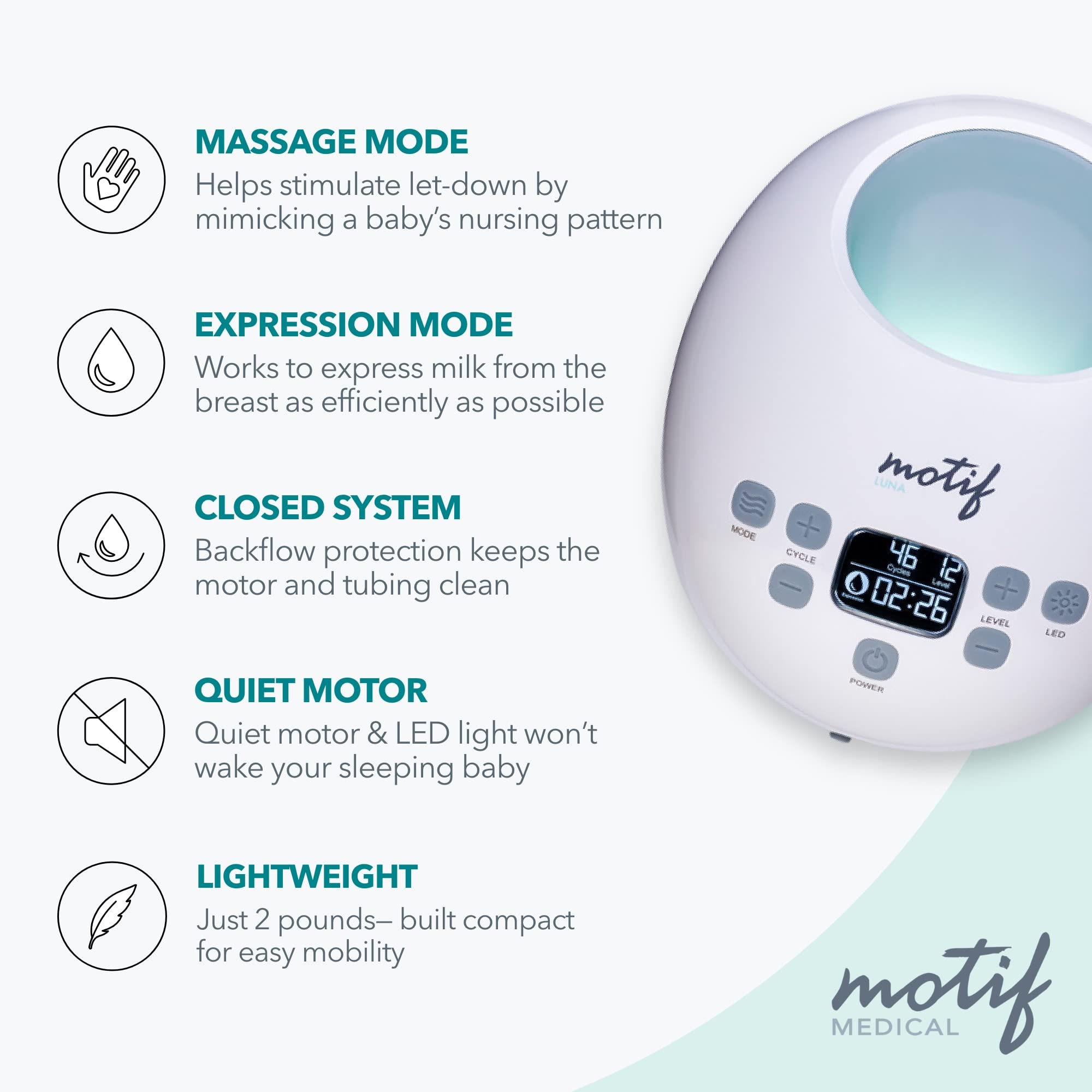 Motif Medical Luna Double Electric Breast Pump - Easy to Use, Quiet Motor, Built-in LED Night Light - Outlet Required