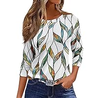 Women Fashion V-Neck T Shirt 3/4 Sleeve Camouflage Ink Printed Button Down Blouse Cute Going Out Casual Tops